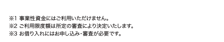 ※1 事業性資金にはご利用いただけません。
※2 ご利用限度額は所定の審査により決定いたします。
※3 お借り入れにはお申し込み ・審査が必要です。