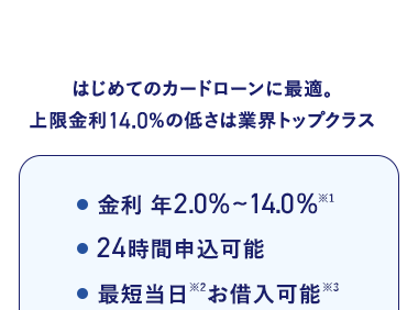 はじめてのカードローンに最適。
上限金利 14.0%の低さは業界トップクラス
※1
金利年2.0%~14.0%※
●24時間申込可能
●最短当日 ※2お借入可能※3
来店不要
お申込時、必要書類もスマホで
簡単にご登録
※1 お借入金利はご利用限度額に応じて異なります。
※2 みずほ銀行の普通預金口座をお持ちの方に限ります。
※3 お借り入れにはお申し込み・審査が必要です。
