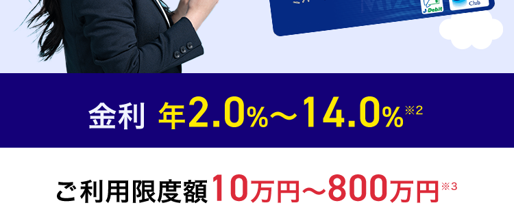 急な出費に使い道自由な ※1
みずほ銀行
カードローン
<MIZUHO
MIZUHO
みずほ銀行
Mizuho IC Cash Card
ICキャッシュカード
123-123456-0 0
ミズホタロウ
10
MIZU
機
Mizuho
2
Dobit
Club
金利年2.0%〜14.0% ※2
ご利用限度額10万円~800万円
*3
お近くの
24時間
来店
コンビニATMでも
申込可能
不要
ご利用可能!
※1 事業性資金にはご利用いただけません。
※2 お借入金利はご利用限度額に応じて異なります。
※3 ご利用限度額は所定の審査により決定いたします。
