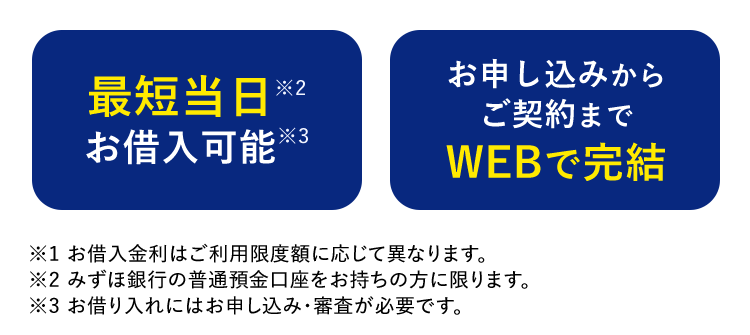 最短当日※2
お申し込みから
ご契約まで
お借入可能
3
WEBで完結
※1 お借入金利はご利用限度額に応じて異なります。
※2 みずほ銀行の普通預金口座をお持ちの方に限ります。
※3 お借り入れにはお申し込み ・ 審査が必要です。