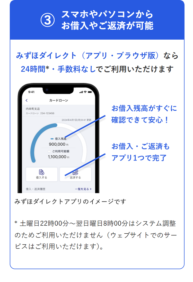 スマホやパソコンから
(3
お借入やご返済が可能
みずほダイレクト(アプリ・ブラウザ版) なら
24時間* ・ 手数料なしでご利用いただけます
<
9:41
カードローン
内幸町支店
お借入残高がすぐに
カードローン 234-123456
2024年4月1日 (月) 9:41更新
確認できて安心!
借入残高
900,000 円
お借入・ご返済も
ご利用可能額
1,100,000 円
アプリ1つで完了
借入する
返済する
借入・返済履歴
一覧を見る >
みずほダイレクトアプリのイメージです
*
土曜日22時00分~翌日曜日8時00分はシステム調整
のためご利用いただけません (ウェブサイトでのサー
ビスはご利用いただけます)。
