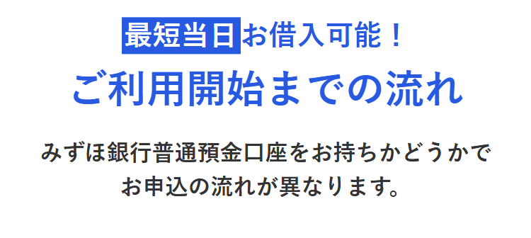 最短当日お借入可能!
ご利用開始までの流れ
みずほ銀行普通預金口座をお持ちかどうかで
お申込の流れが異なります。