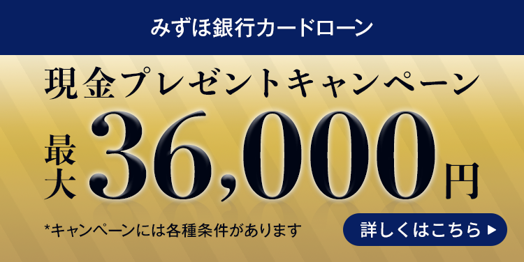 みずほ銀行カードローン
現金プレゼントキャンペーン
最
発 36,000円
*キャンペーンには各種条件があります
詳しくはこちら