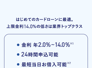 はじめてのカードローンに最適。
上限金利14.0%の低さは業界トップクラス
※1
金利年2.0%~14.0%※
●24時間申込可能
●最短当日お借入可能※2
来店不要
お申込時、必要書類もスマホで
簡単にご登録
※1 お借入金利はご利用限度額に応じて異なります。
※2 お借り入れにはお申し込み審査が必要です。