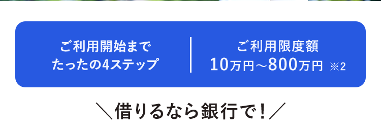 ライフイベントの資金に
自由な使い道で対応
みずほ銀行カードローン
MIZUHO
みずほ銀行
Mizuho IC Cash Card
ICキャッシュカード
123-123456-00
ミスホタロウ
J-Debit
ご利用開始まで
たったの4ステップ
ご利用限度額
10万円~800万円 ※2
借りるなら銀行で!/