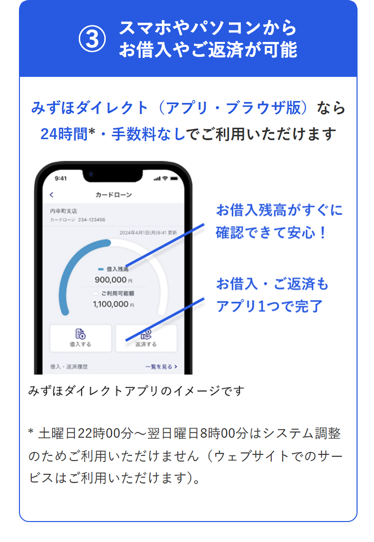 スマホやパソコンから
(3
お借入やご返済が可能
みずほダイレクト(アプリ・ブラウザ版) なら
24時間* ・ 手数料なしでご利用いただけます
<
9:41
カードローン
内幸町支店
お借入残高がすぐに
カードローン 234-123456
2024年4月1日 (月) 9:41更新
確認できて安心!
借入残高
900,000 円
お借入・ご返済も
ご利用可能額
1,100,000 円
アプリ1つで完了
借入する
返済する
借入・返済履歴
一覧を見る >
みずほダイレクトアプリのイメージです
*
土曜日22時00分~翌日曜日8時00分はシステム調整
のためご利用いただけません (ウェブサイトでのサー
ビスはご利用いただけます)。