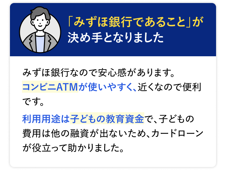 「みずほ銀行であること」が決め手となりました みずほ銀行なので安心感があります。コンビニATMが使いやすく、近くなので便利です。利用用途は子どもの教育資金で、子どもの費用は他の融資が出ないため、カードローンが役立って助かりました。
