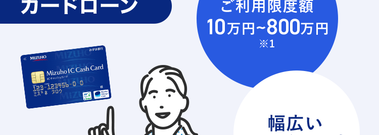 銀行ならではの信頼感
みずほ銀行
カードローン
ご利用限度額
10万円~800万円
*1
MIZUHO
MIZING
Mizuho IC Cash Card
カード
123-123456-00
最短当日
お借入可能 ※2
幅広い
ニーズに対応
急な出費や
教育費にも
きめ細やかなサポートで
安心のお借入体験を
ご利用開始までたったの4ステップ
お申し込み
必要書類の
アップロード
審査結果の
ご確認・最終申込
ご利用
開始
※1 ご利用限度額は所定の審査により決定いたします。
※2 みずほ銀行の普通預金口座をお持ちの方に限ります。
お借り入れにはお申し込み審査が必要です。